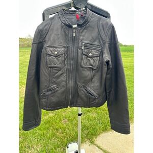 Wilsons Leather Black Moto Jacket Women's Large Cafe Racer Full Zip Multi Pocket